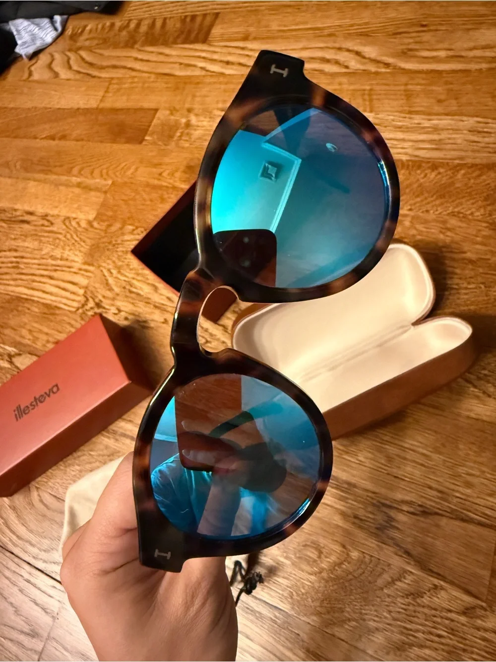 Illesteva Tortoiseshell Frame Sunglasses with Blue Mirrored Lenses